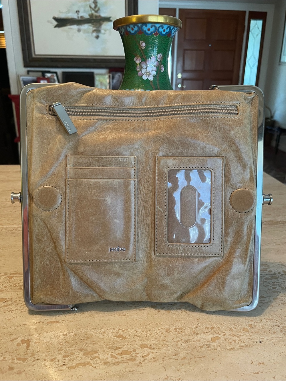 🌹HOBO Vintage-Style Tan Leather Kiss-Lock Clutch - Picture 7 of 16